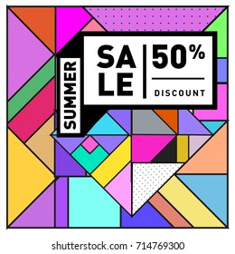 Summer sale memphis style web banner. Fashion and travel discount poster. Vector holiday Abstract colorful retro illustration with special offer and promotion.