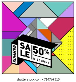 Summer sale memphis style web banner. Fashion and travel discount poster. Vector holiday Abstract colorful retro illustration with special offer and promotion.