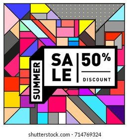 Summer sale memphis style web banner. Fashion and travel discount poster. Vector holiday Abstract colorful retro illustration with special offer and promotion.