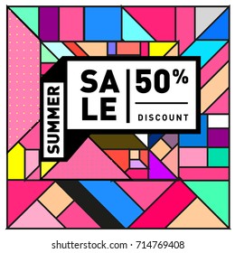 Summer sale memphis style web banner. Fashion and travel discount poster. Vector holiday Abstract colorful retro illustration with special offer and promotion.
