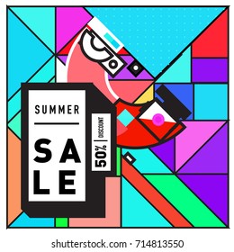 Summer sale memphis style web banner. Fashion and travel discount poster. Vector holiday Abstract colorful retro illustration with special offer and promotion.