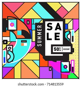 Summer sale memphis style web banner. Fashion and travel discount poster. Vector holiday Abstract colorful retro illustration with special offer and promotion.