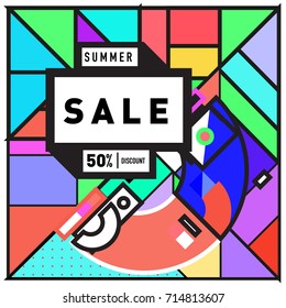 Summer sale memphis style web banner. Fashion and travel discount poster. Vector holiday Abstract colorful retro illustration with special offer and promotion.