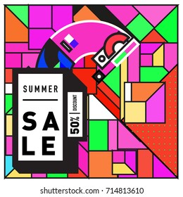 Summer sale memphis style web banner. Fashion and travel discount poster. Vector holiday Abstract colorful retro illustration with special offer and promotion.