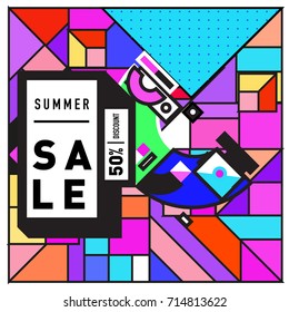 Summer sale memphis style web banner. Fashion and travel discount poster. Vector holiday Abstract colorful retro illustration with special offer and promotion.
