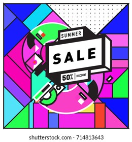 Summer sale memphis style web banner. Fashion and travel discount poster. Vector holiday Abstract colorful retro illustration with special offer and promotion.