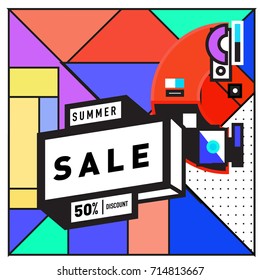 Summer sale memphis style web banner. Fashion and travel discount poster. Vector holiday Abstract colorful retro illustration with special offer and promotion.