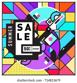 Summer sale memphis style web banner. Fashion and travel discount poster. Vector holiday Abstract colorful retro illustration with special offer and promotion.