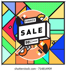 Summer sale memphis style web banner. Fashion and travel discount poster. Vector holiday Abstract colorful retro illustration with special offer and promotion.