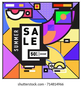 Summer sale memphis style web banner. Fashion and travel discount poster. Vector holiday Abstract colorful retro illustration with special offer and promotion.