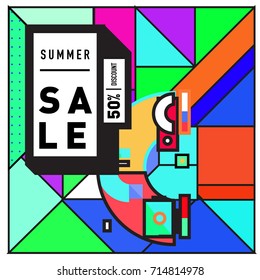 Summer sale memphis style web banner. Fashion and travel discount poster. Vector holiday Abstract colorful retro illustration with special offer and promotion.