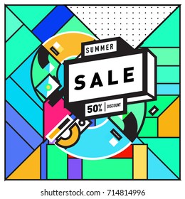 Summer sale memphis style web banner. Fashion and travel discount poster. Vector holiday Abstract colorful retro illustration with special offer and promotion.