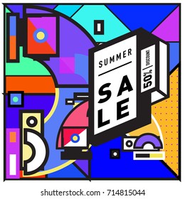 Summer sale memphis style web banner. Fashion and travel discount poster. Vector holiday Abstract colorful retro illustration with special offer and promotion.