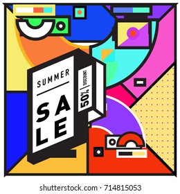 Summer sale memphis style web banner. Fashion and travel discount poster. Vector holiday Abstract colorful retro illustration with special offer and promotion.