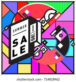 Summer sale memphis style web banner. Fashion and travel discount poster. Vector holiday Abstract colorful retro illustration with special offer and promotion.