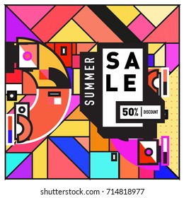 Summer sale memphis style web banner. Fashion and travel discount poster. Vector holiday Abstract colorful retro illustration with special offer and promotion.