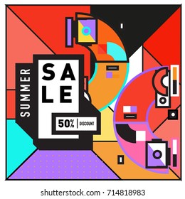 Summer sale memphis style web banner. Fashion and travel discount poster. Vector holiday Abstract colorful retro illustration with special offer and promotion.