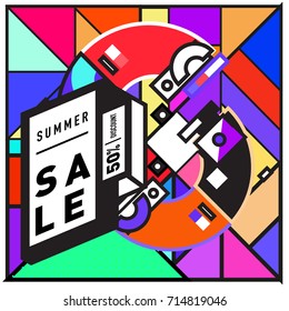 Summer sale memphis style web banner. Fashion and travel discount poster. Vector holiday Abstract colorful retro illustration with special offer and promotion.