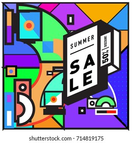 Summer sale memphis style web banner. Fashion and travel discount poster. Vector holiday Abstract colorful retro illustration with special offer and promotion.