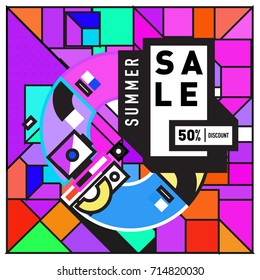 Summer sale memphis style web banner. Fashion and travel discount poster. Vector holiday Abstract colorful retro illustration with special offer and promotion.