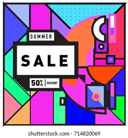 Summer sale memphis style web banner. Fashion and travel discount poster. Vector holiday Abstract colorful retro illustration with special offer and promotion.