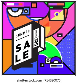 Summer sale memphis style web banner. Fashion and travel discount poster. Vector holiday Abstract colorful retro illustration with special offer and promotion.