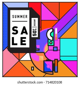 Summer sale memphis style web banner. Fashion and travel discount poster. Vector holiday Abstract colorful retro illustration with special offer and promotion.