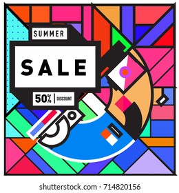 Summer sale memphis style web banner. Fashion and travel discount poster. Vector holiday Abstract colorful retro illustration with special offer and promotion.