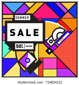 Summer sale memphis style web banner. Fashion and travel discount poster. Vector holiday Abstract colorful retro illustration with special offer and promotion.