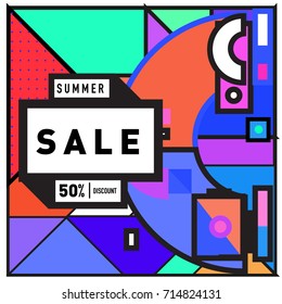 Summer sale memphis style web banner. Fashion and travel discount poster. Vector holiday Abstract colorful retro illustration with special offer and promotion.