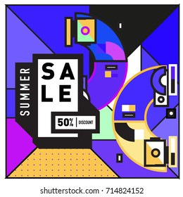 Summer sale memphis style web banner. Fashion and travel discount poster. Vector holiday Abstract colorful retro illustration with special offer and promotion.