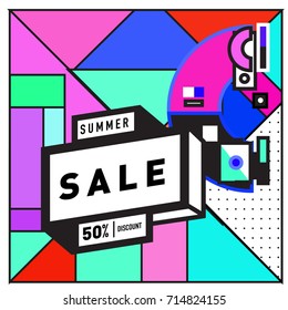 Summer sale memphis style web banner. Fashion and travel discount poster. Vector holiday Abstract colorful retro illustration with special offer and promotion.
