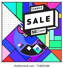 Summer sale memphis style web banner. Fashion and travel discount poster. Vector holiday Abstract colorful retro illustration with special offer and promotion.