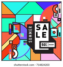 Summer sale memphis style web banner. Fashion and travel discount poster. Vector holiday Abstract colorful retro illustration with special offer and promotion.