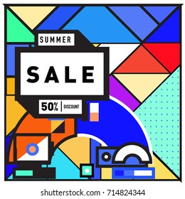 Summer sale memphis style web banner. Fashion and travel discount poster. Vector holiday Abstract colorful retro illustration with special offer and promotion.
