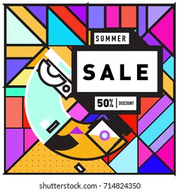 Summer sale memphis style web banner. Fashion and travel discount poster. Vector holiday Abstract colorful retro illustration with special offer and promotion.