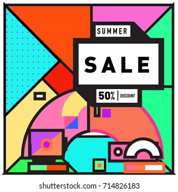 Summer sale memphis style web banner. Fashion and travel discount poster. Vector holiday Abstract colorful retro illustration with special offer and promotion.