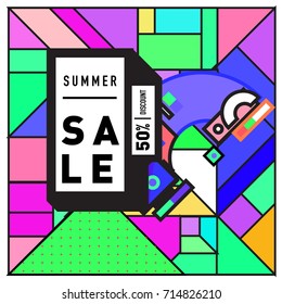 Summer sale memphis style web banner. Fashion and travel discount poster. Vector holiday Abstract colorful retro illustration with special offer and promotion.