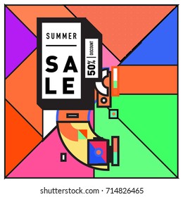 Summer sale memphis style web banner. Fashion and travel discount poster. Vector holiday Abstract colorful retro illustration with special offer and promotion.