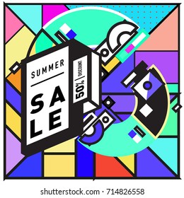 Summer sale memphis style web banner. Fashion and travel discount poster. Vector holiday Abstract colorful retro illustration with special offer and promotion.