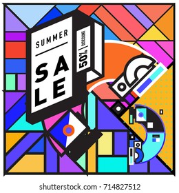 Summer sale memphis style web banner. Fashion and travel discount poster. Vector holiday Abstract colorful retro illustration with special offer and promotion.