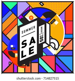 Summer sale memphis style web banner. Fashion and travel discount poster. Vector holiday Abstract colorful retro illustration with special offer and promotion.