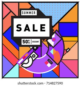 Summer sale memphis style web banner. Fashion and travel discount poster. Vector holiday Abstract colorful retro illustration with special offer and promotion.