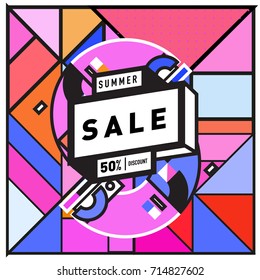 Summer sale memphis style web banner. Fashion and travel discount poster. Vector holiday Abstract colorful retro illustration with special offer and promotion.