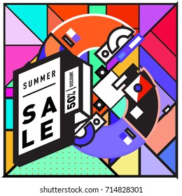 Summer sale memphis style web banner. Fashion and travel discount poster. Vector holiday Abstract colorful retro illustration with special offer and promotion.