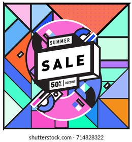 Summer sale memphis style web banner. Fashion and travel discount poster. Vector holiday Abstract colorful retro illustration with special offer and promotion.