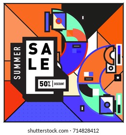 Summer sale memphis style web banner. Fashion and travel discount poster. Vector holiday Abstract colorful retro illustration with special offer and promotion.