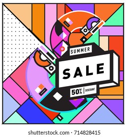 Summer sale memphis style web banner. Fashion and travel discount poster. Vector holiday Abstract colorful retro illustration with special offer and promotion.