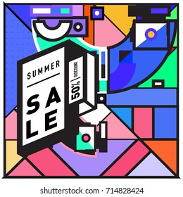 Summer sale memphis style web banner. Fashion and travel discount poster. Vector holiday Abstract colorful retro illustration with special offer and promotion.