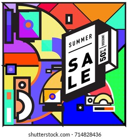 Summer sale memphis style web banner. Fashion and travel discount poster. Vector holiday Abstract colorful retro illustration with special offer and promotion.